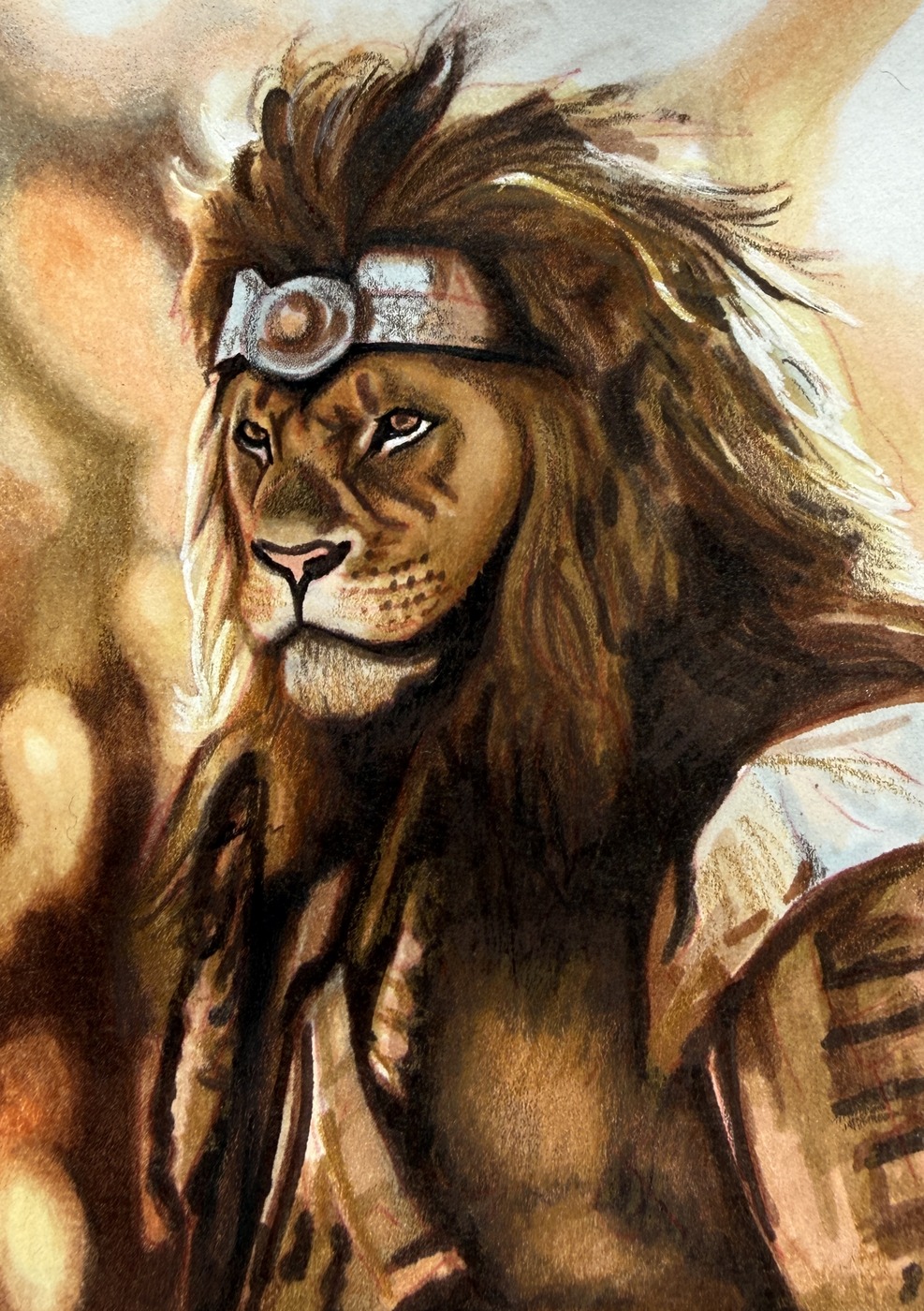 Lion portrait, hand-drawn trading card art by Danny Daniel (Wizard of Oz)