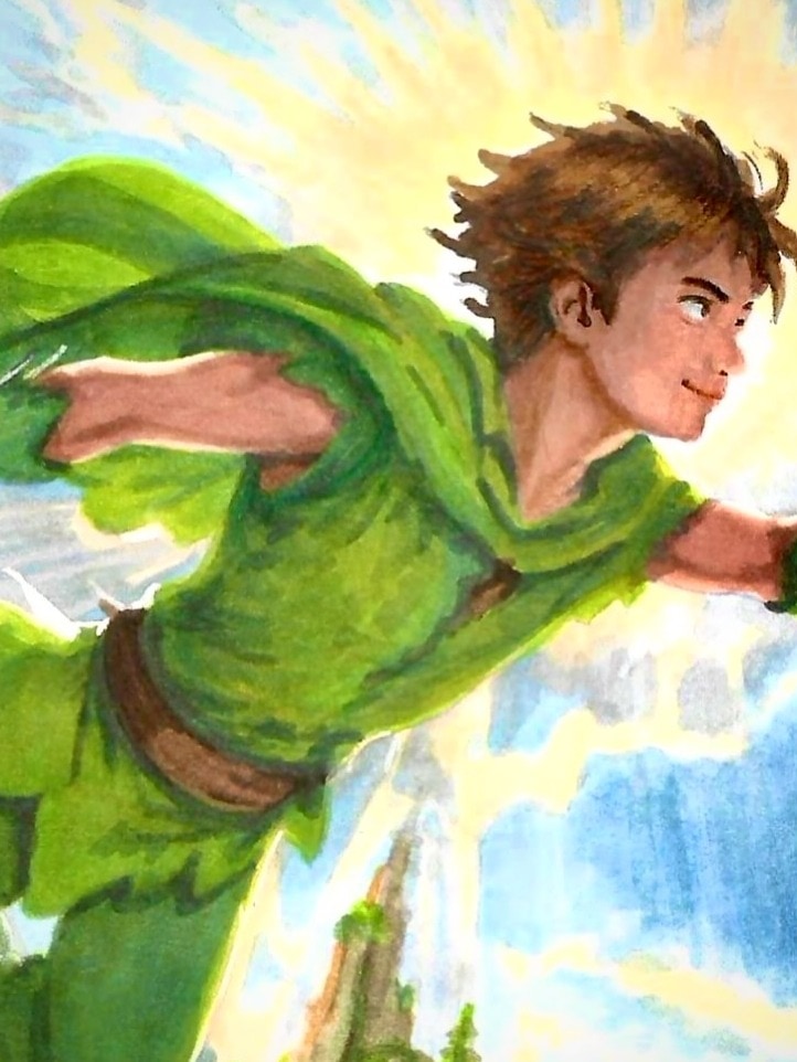 Peter Pan in flight, hand-drawn trading card art by Danny Daniel (Peter Pan)