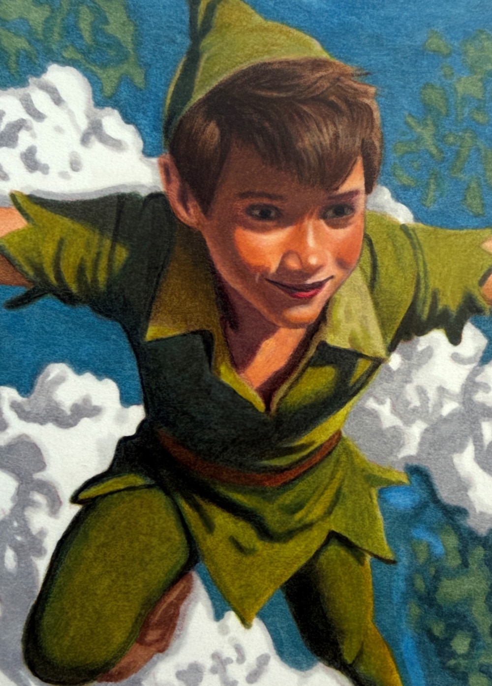 Peter Pan flying, hand-drawn trading card art by Danny Daniel (Peter Pan)