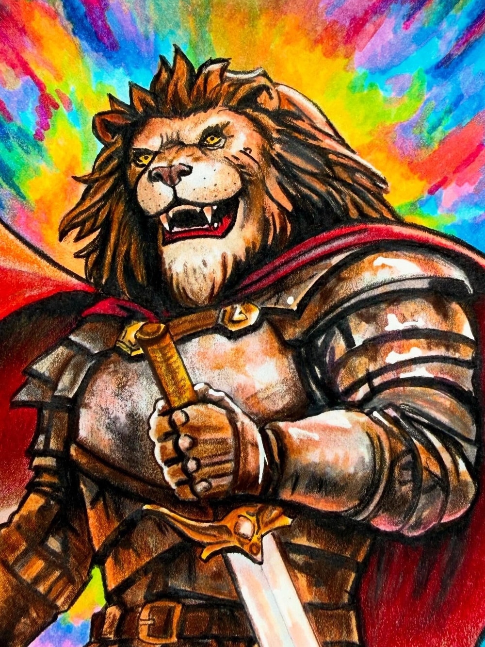 Armored Lion, hand-drawn trading card art by Danny Daniel (Wizard of Oz)
