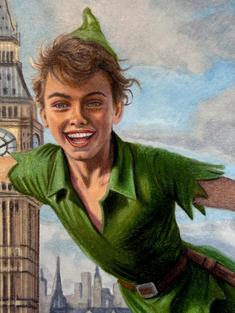 Peter Pan at Big Ben, hand-drawn trading card art by Danny Daniel (Peter Pan)