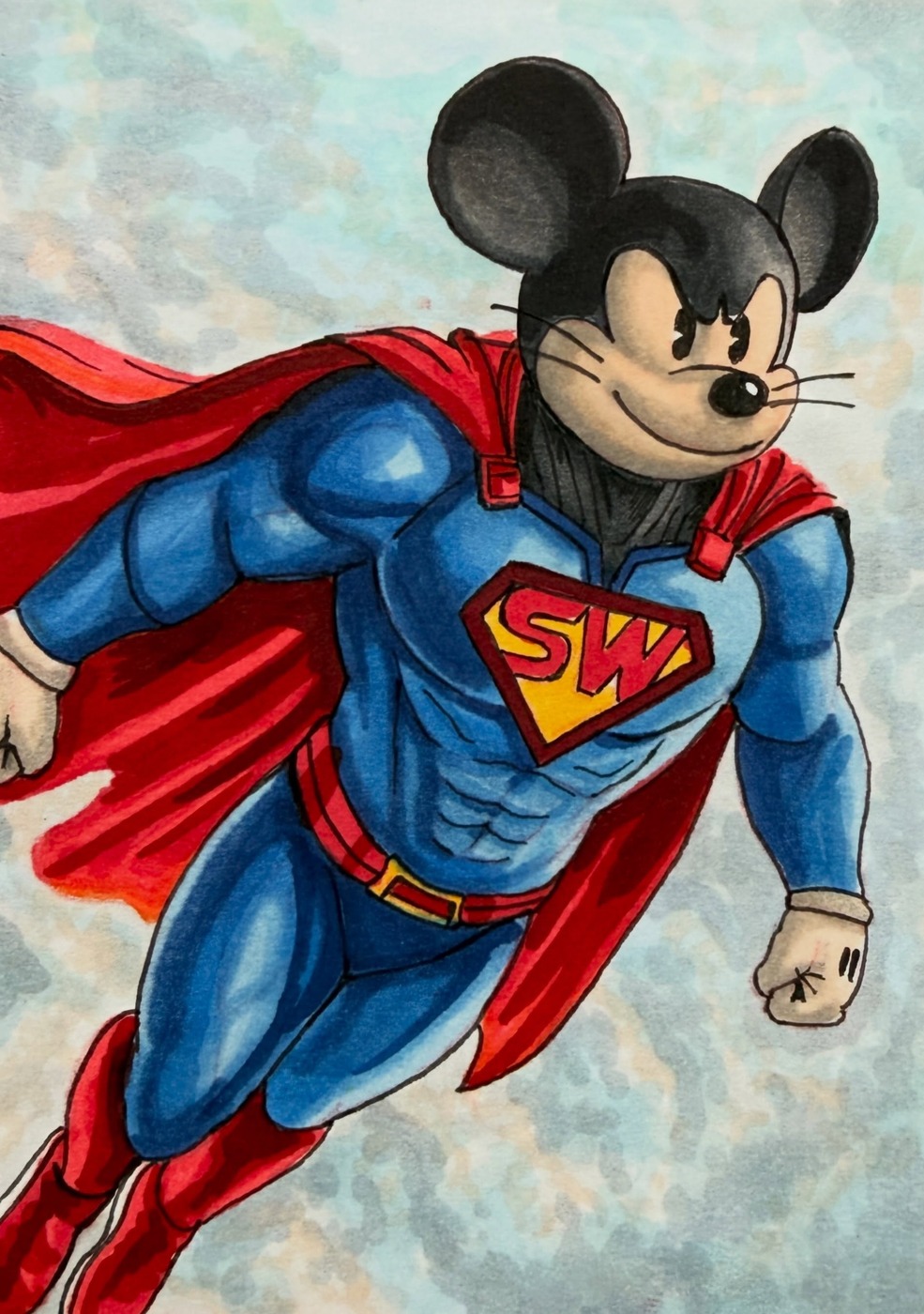 Oswald as Superman, hand-drawn trading card art by Danny Daniel (Oswald Collection)
