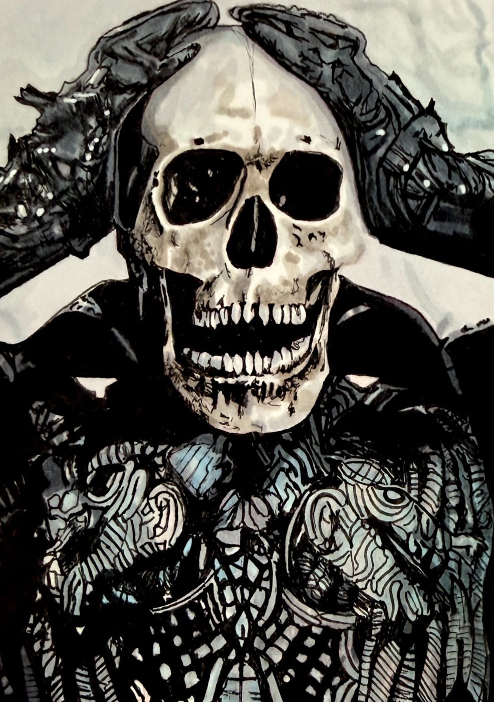 Skull-faced figure, hand-drawn trading card art by Danny Daniel (Horror)