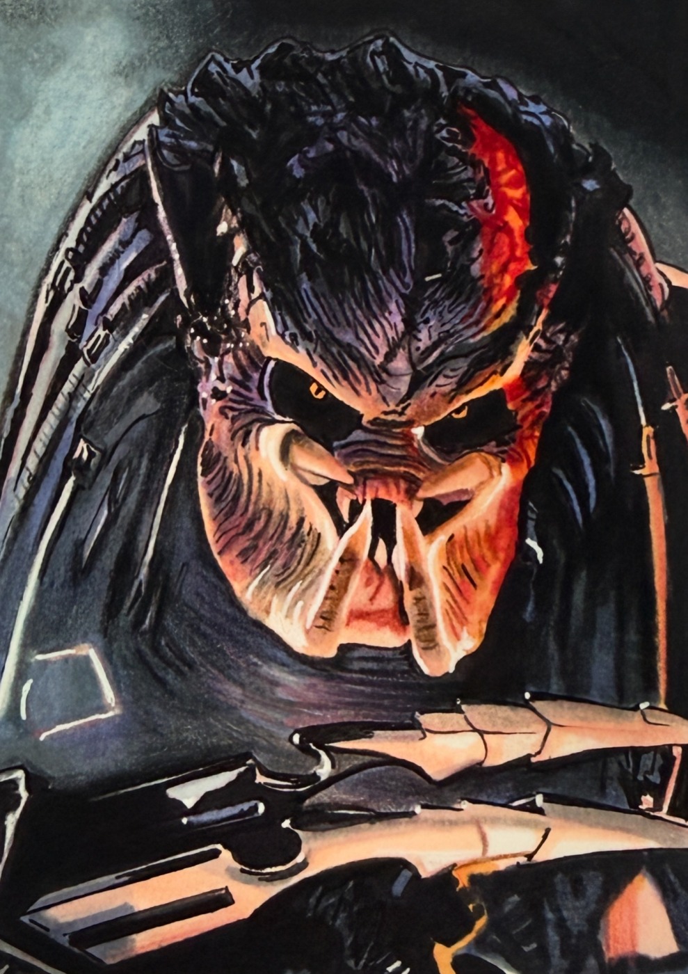 Predator close-up, hand-drawn trading card art by Danny Daniel (Horror)