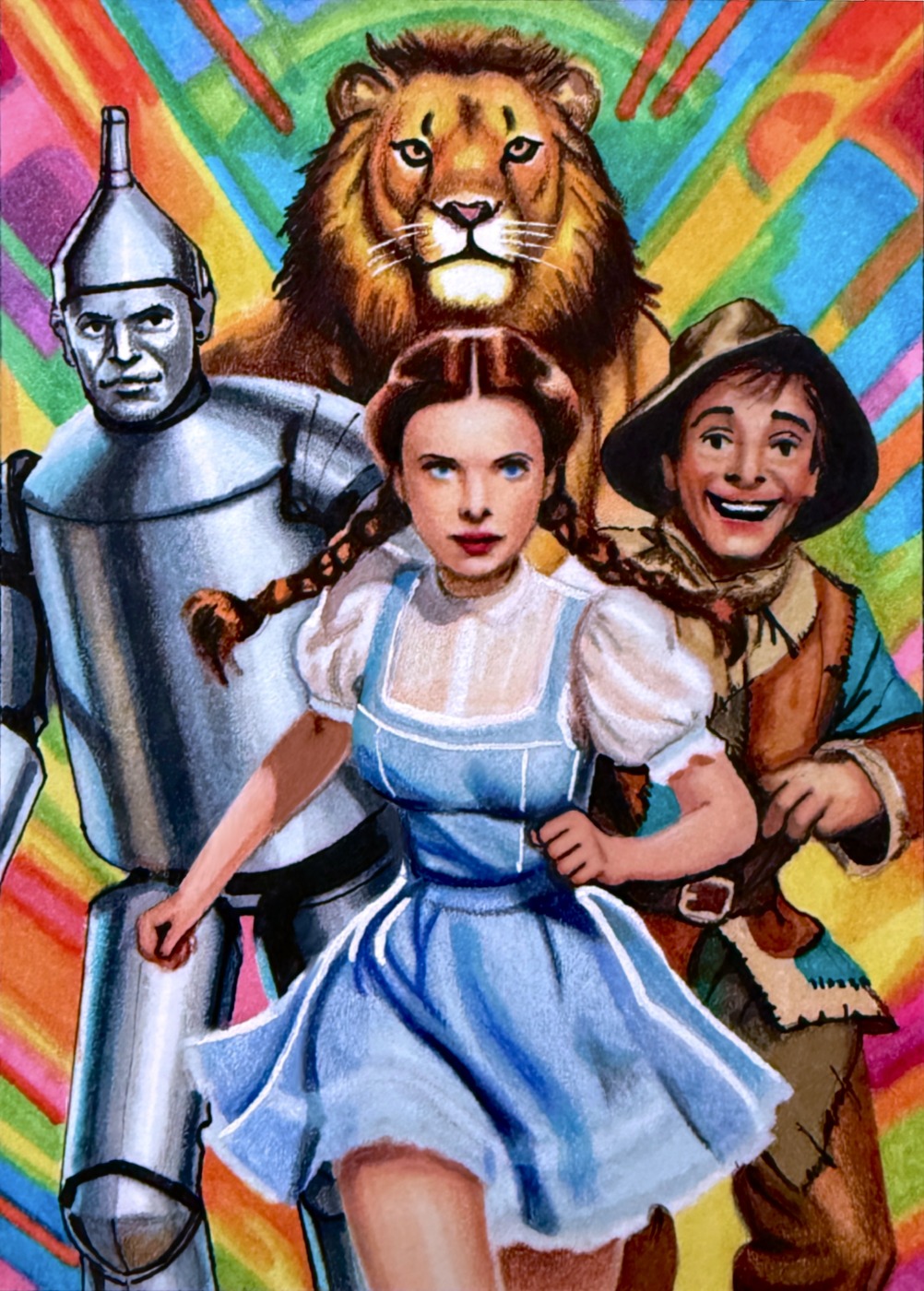 Oz companions on the rainbow, hand-drawn trading card art by Danny Daniel (Wizard of Oz)