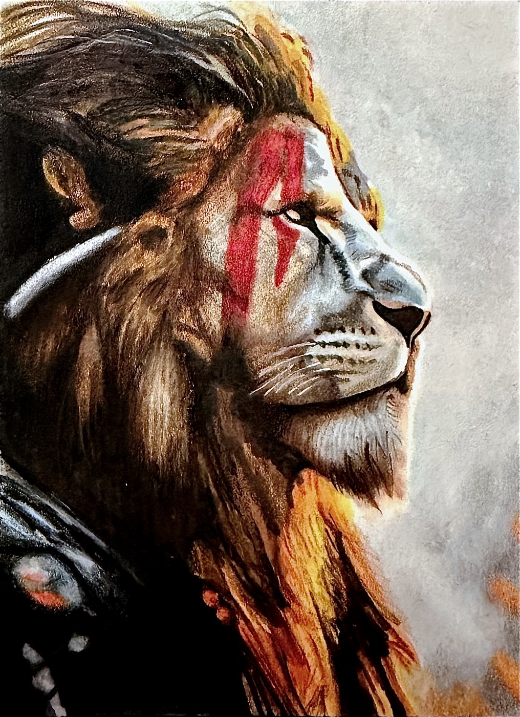 Lion in war paint, hand-drawn trading card art by Danny Daniel (Wizard of Oz)