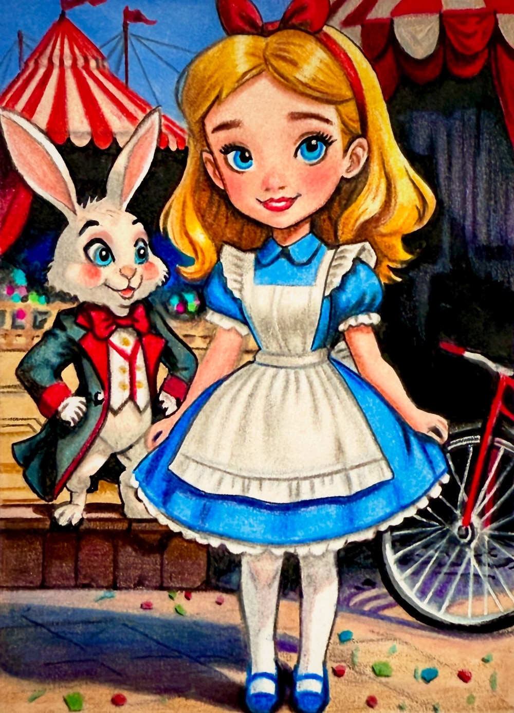 Alice at the circus, hand-drawn trading card art by Danny Daniel (Alice in Wonderland)