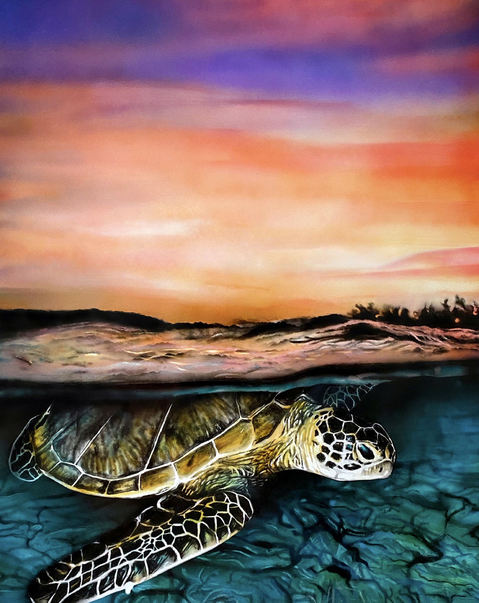 Sea Turtle at Sunset, hand-drawn original art by Danny Daniel (Fine Art)