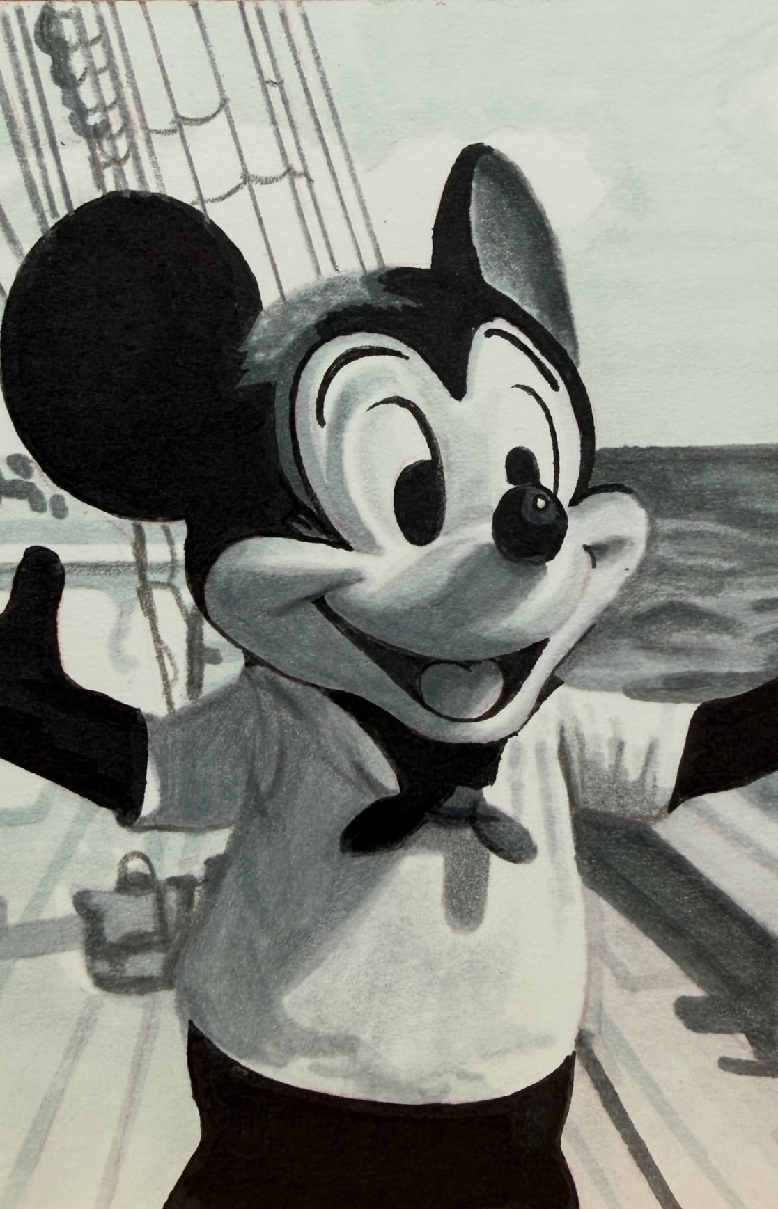 Mickey in black and white, hand-drawn trading card art by Danny Daniel (Oswald Collection)