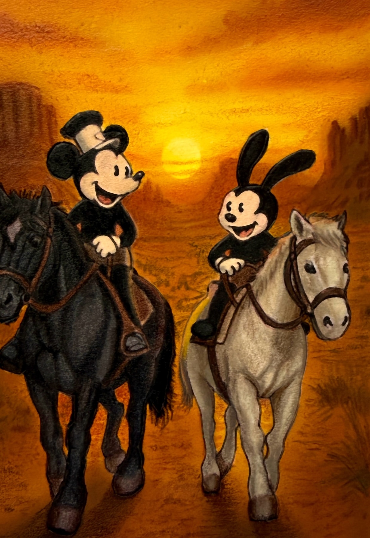 Mickey and Oswald ride out, hand-drawn trading card art by Danny Daniel (Oswald Collection)