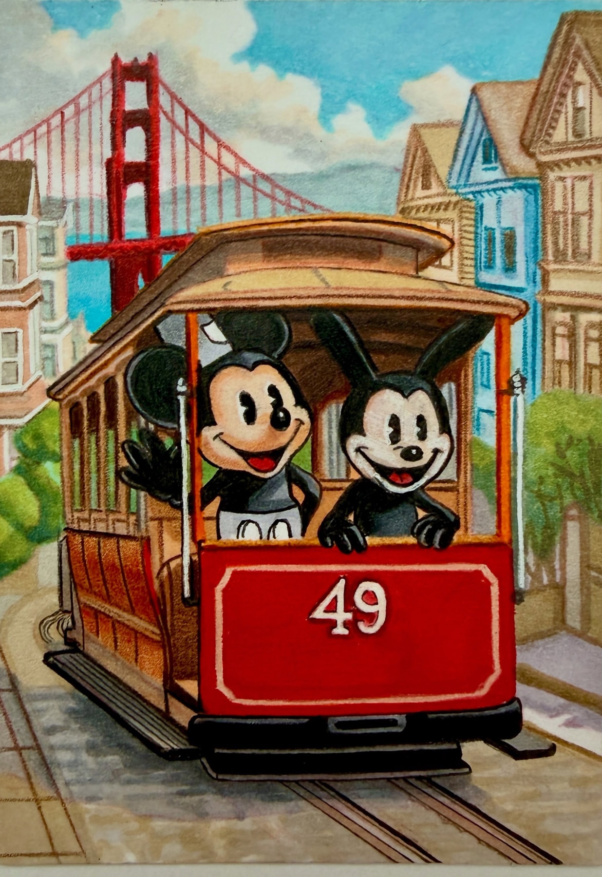 Cable car friends, hand-drawn trading card art by Danny Daniel (Oswald Collection)