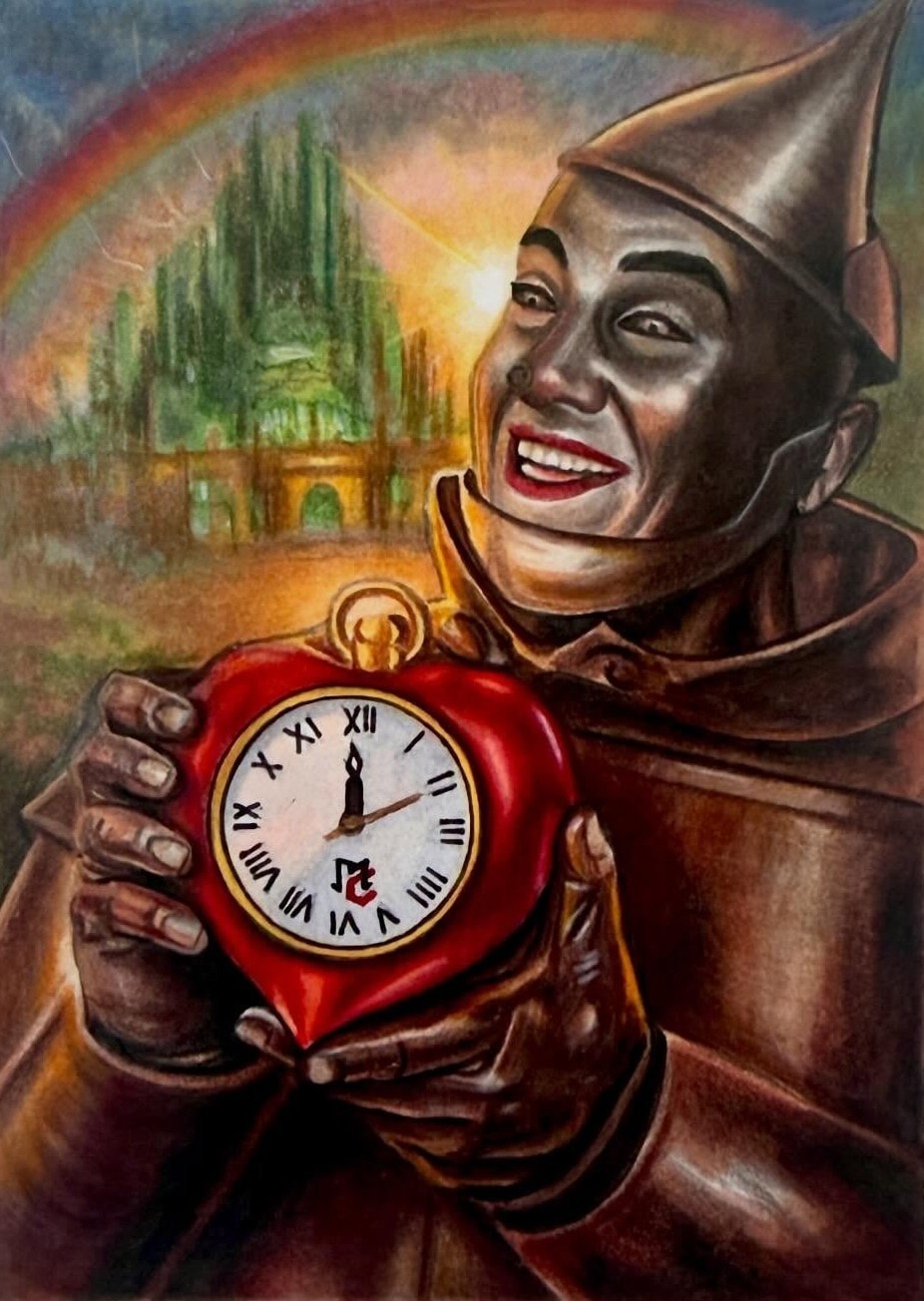 Tin Man's heart clock, hand-drawn trading card art by Danny Daniel (Wizard of Oz)