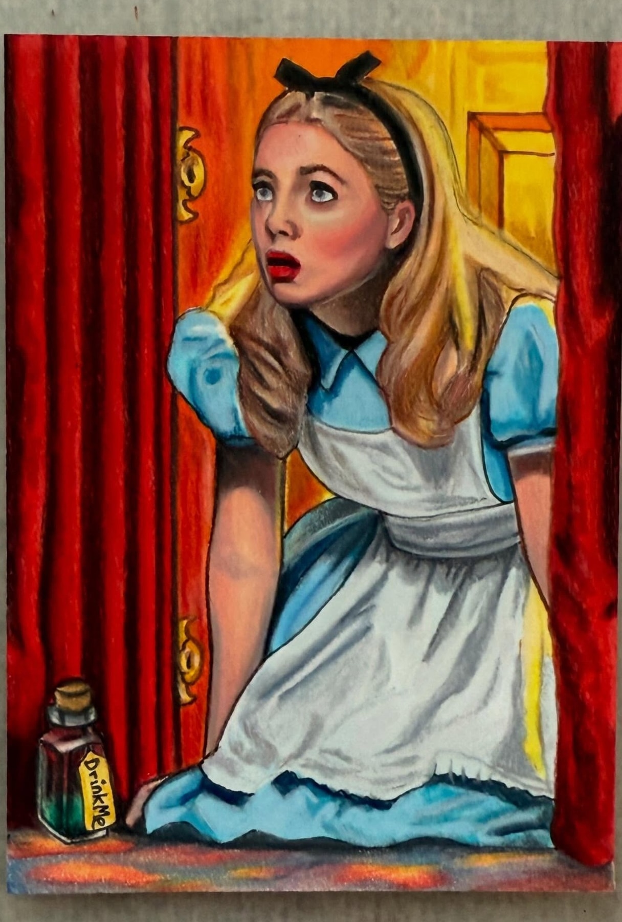 Alice through the curtain, hand-drawn trading card art by Danny Daniel (Alice in Wonderland)