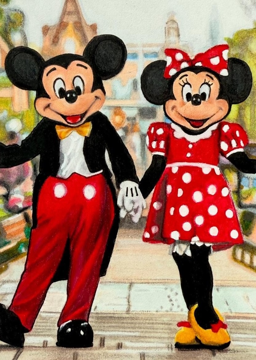 Mickey and Minnie, hand-drawn trading card art by Danny Daniel (Oswald Collection)