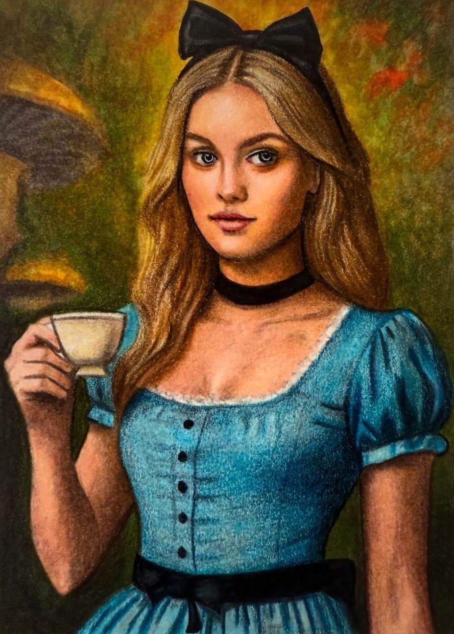 Alice at tea, hand-drawn trading card art by Danny Daniel (Alice in Wonderland)