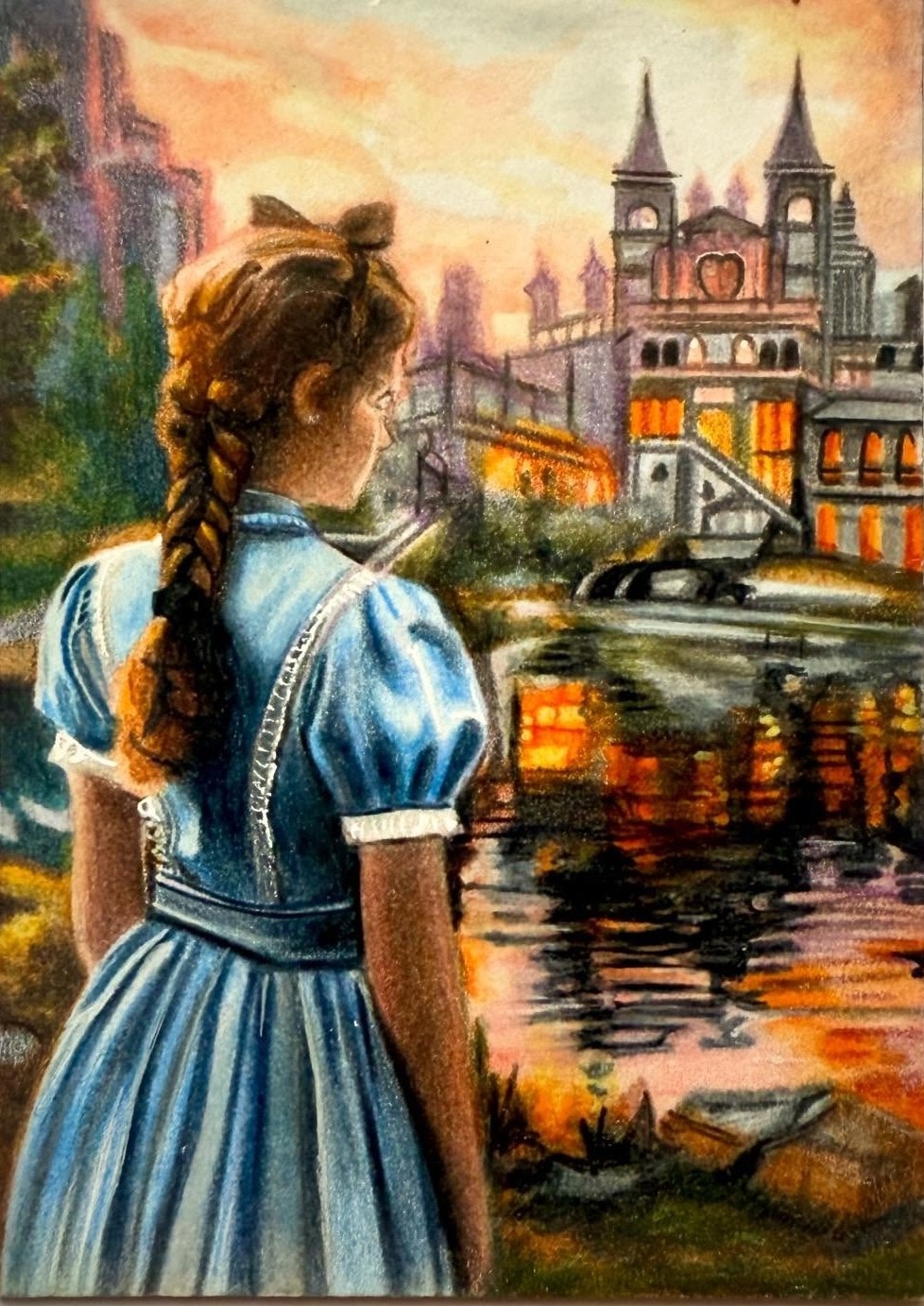 Alice and the castle, hand-drawn trading card art by Danny Daniel (Alice in Wonderland)