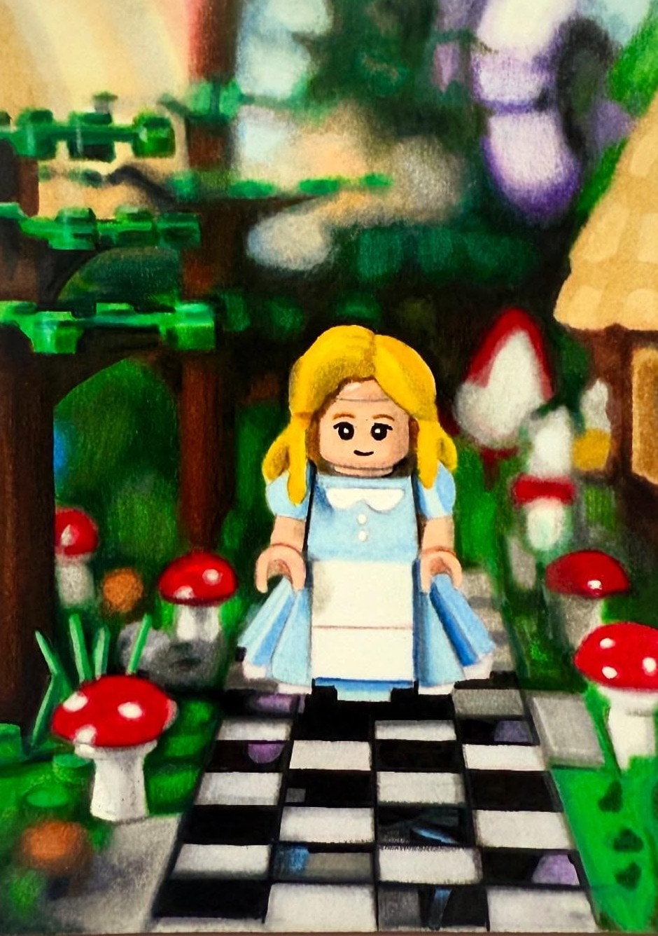 Alice on the chessboard, hand-drawn trading card art by Danny Daniel (Alice in Wonderland)