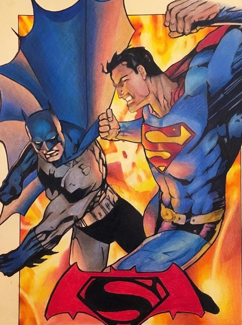 Batman v Superman, hand-drawn trading card art by Danny Daniel (Comics & Heroes)