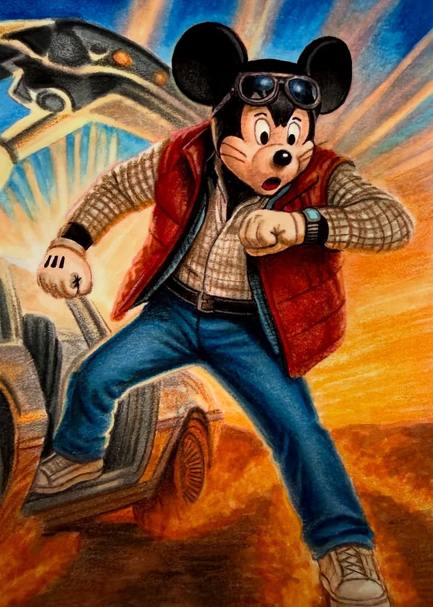 Back to the Future Mickey, hand-drawn trading card art by Danny Daniel (Oswald Collection)