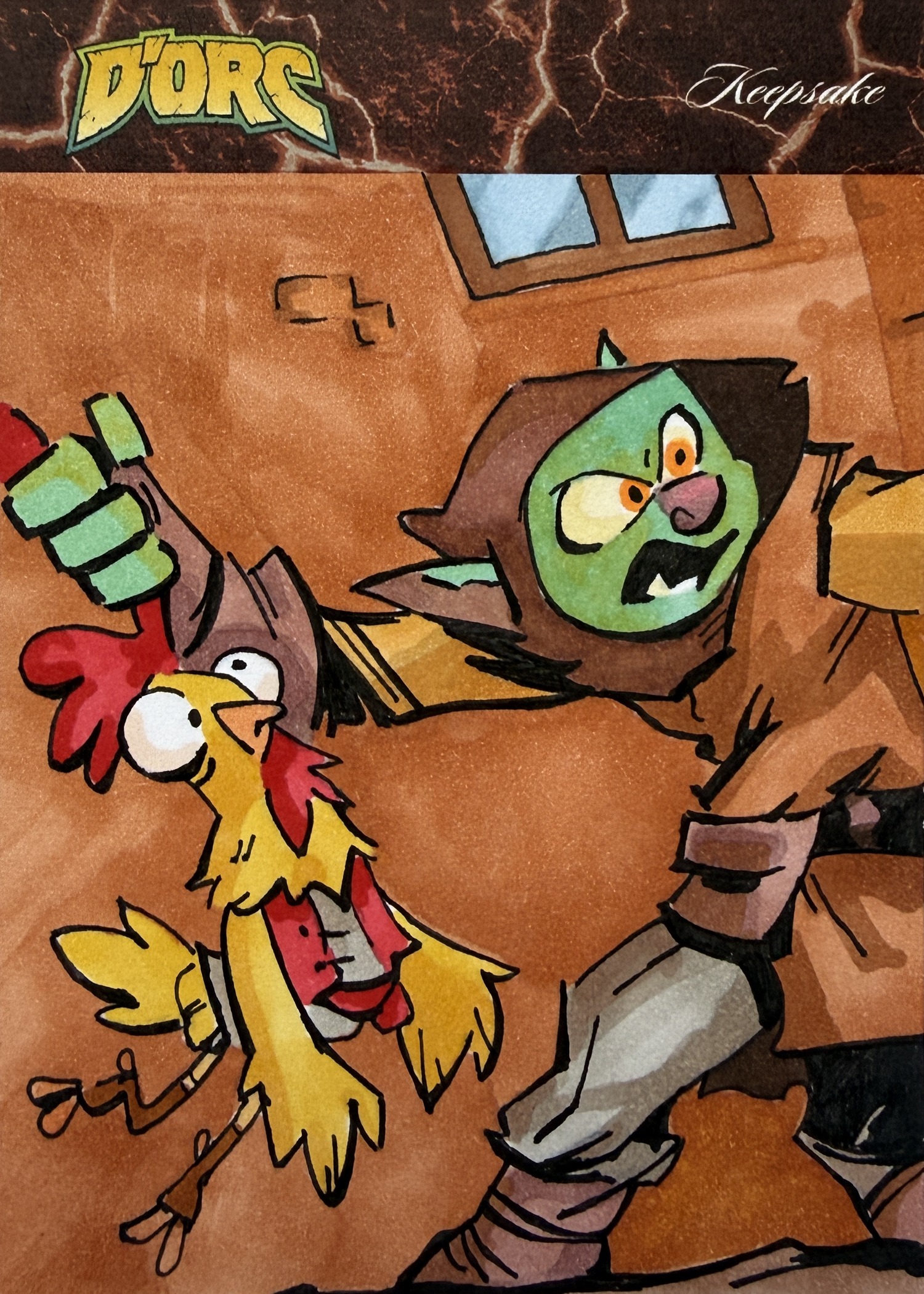 D'Orc and the Chicken, hand-drawn trading card art by Danny Daniel (D'Orc licensed work)